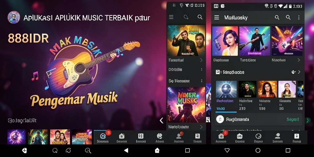 Tampilan antarmuka aplikasi 888IDR dengan daftar putar musik.