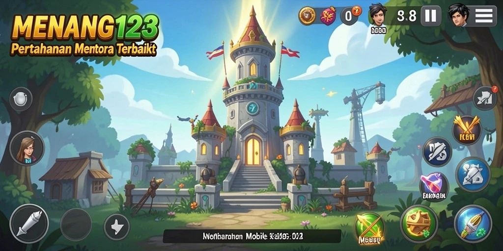 Tampilan gameplay MENANG123 saat mempertahankan menara dari serangan musuh.