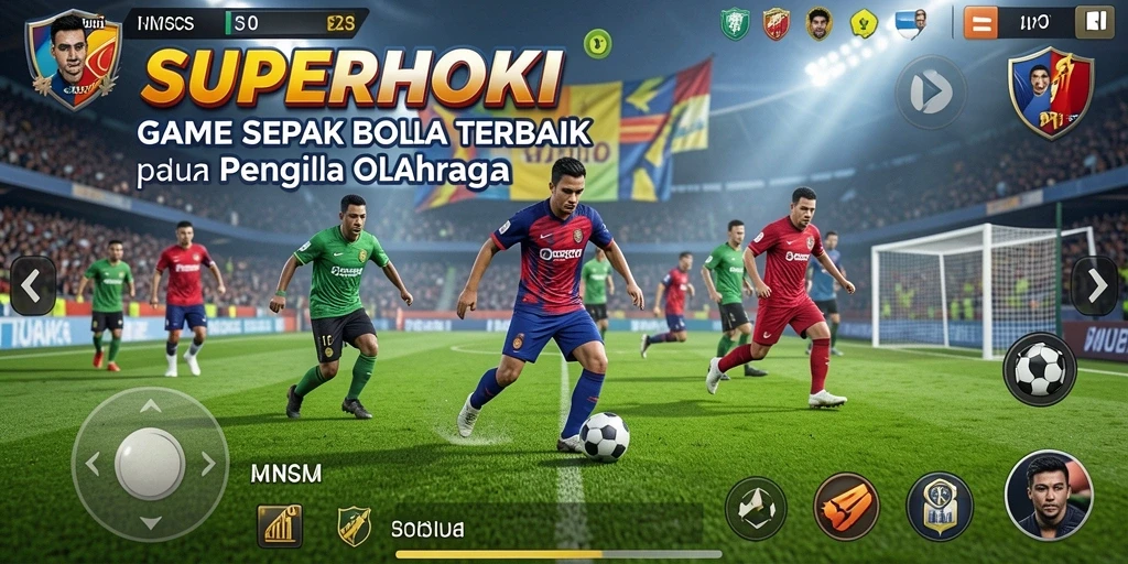 Tampilan gameplay <strong>SUPERHOKI</strong> yang menampilkan aksi sepak bola yang mendebarkan.