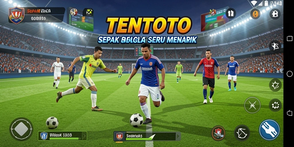 Tampilan gameplay menarik dalam TENTOTO dengan aksi sepak bola yang mendebarkan.